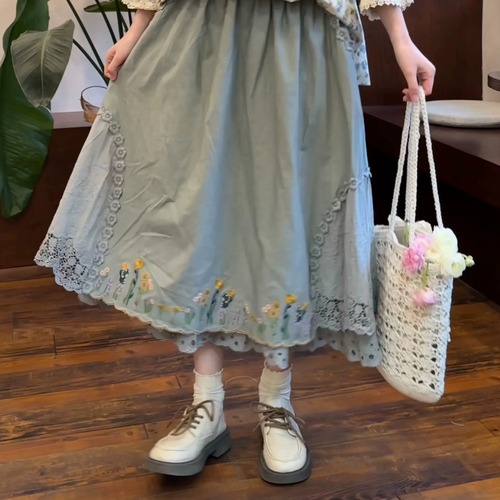 2色/フラワー刺繍リネンフレアスカート ・12272