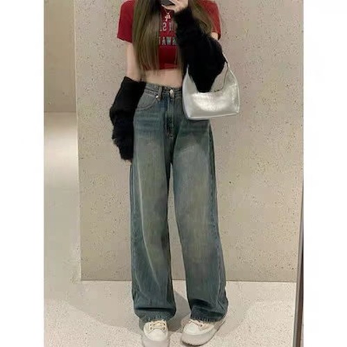 レトロ ワイドパンツ レディース ジーンズ ニューデザイン ゆったり ハイウェスト 着痩せ ストレートパンツ モップパンツ