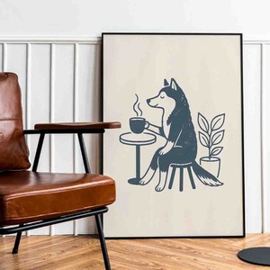 クスッと笑える 癒し オオカミ がコーヒー ポスター ミッドセンチュリー