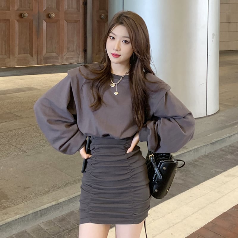 グレーセーター ドレス スプリングオータムスリムショートスカート ロング 春物 秋物 スーパーモール56539385844