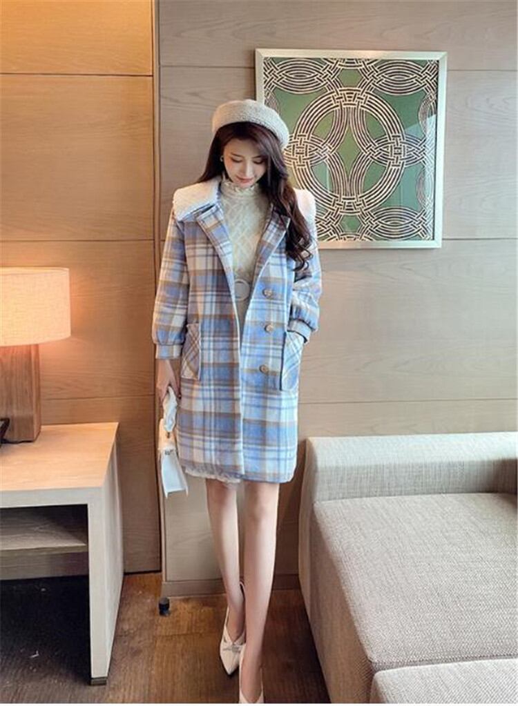 気質 長袖 暖かい ウィンター 大人気 中・長セクション ラペル ゆったりする 小さい新鮮な チェック柄