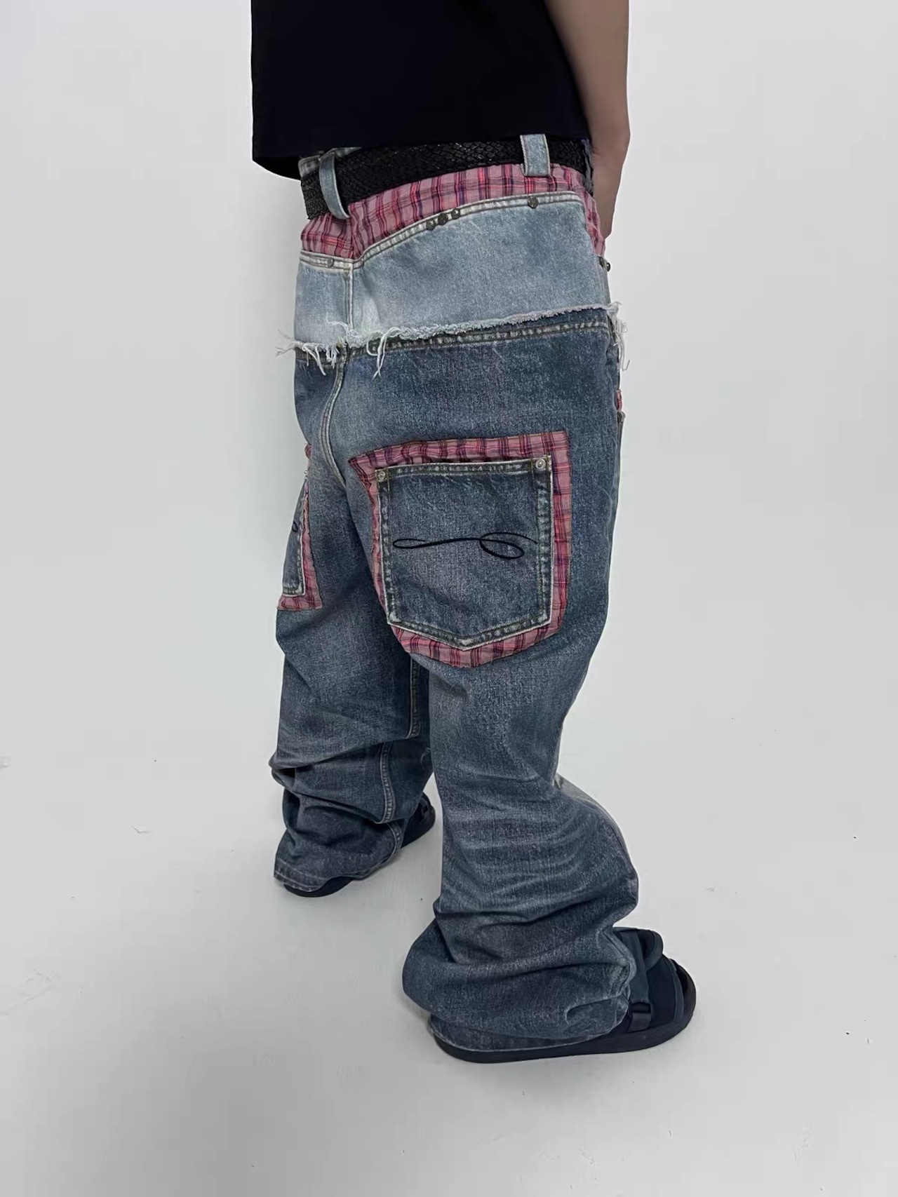 【TecNineGroup】PLAID DOUBLE-WAIST JEANS
