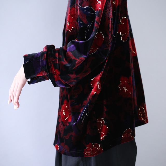 elegant flower art pattern mao-collar velours shirt