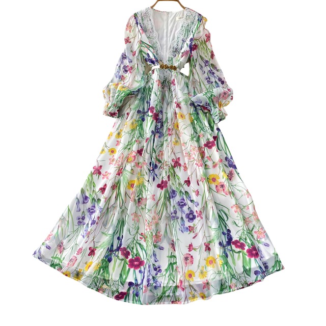 全2色 / フラワーパフスリーブVネックワンピース L2179