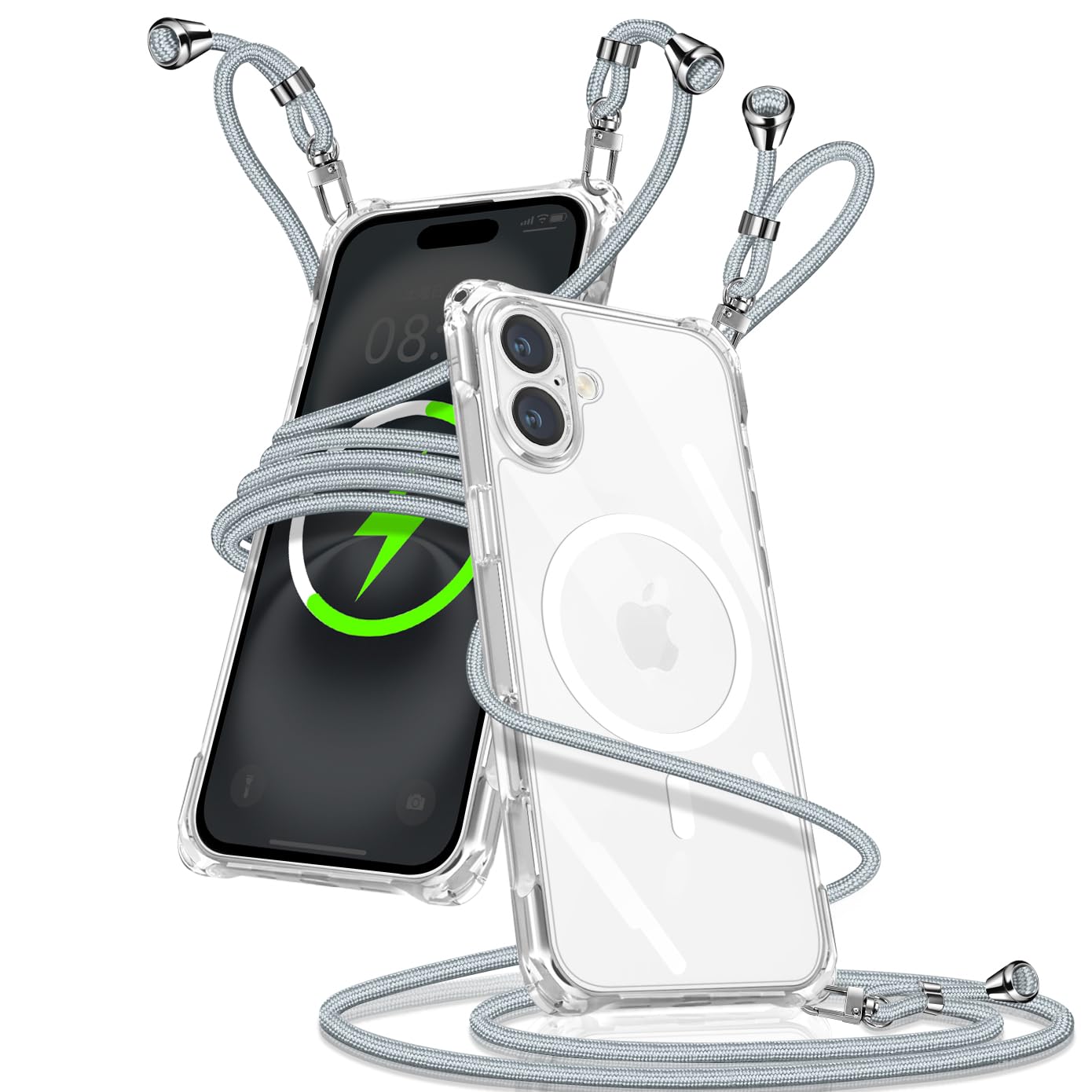 iPhone 16 向けの ケース クリア ショルダー Magsafe対応 アイフォン16 カバー(シルバー)