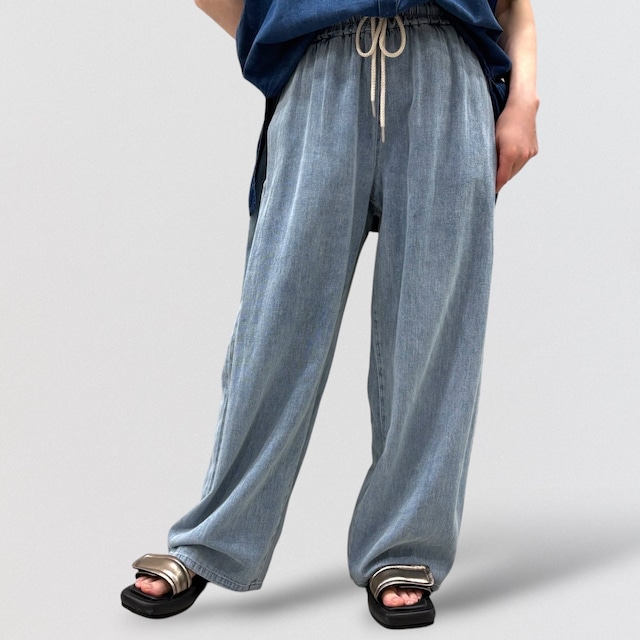 PASSIONE cotton linen denim side box wide pants