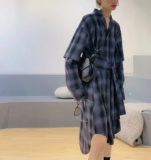 チェック柄 ワンピース 腰巻シャツ風デザイン Monokuru