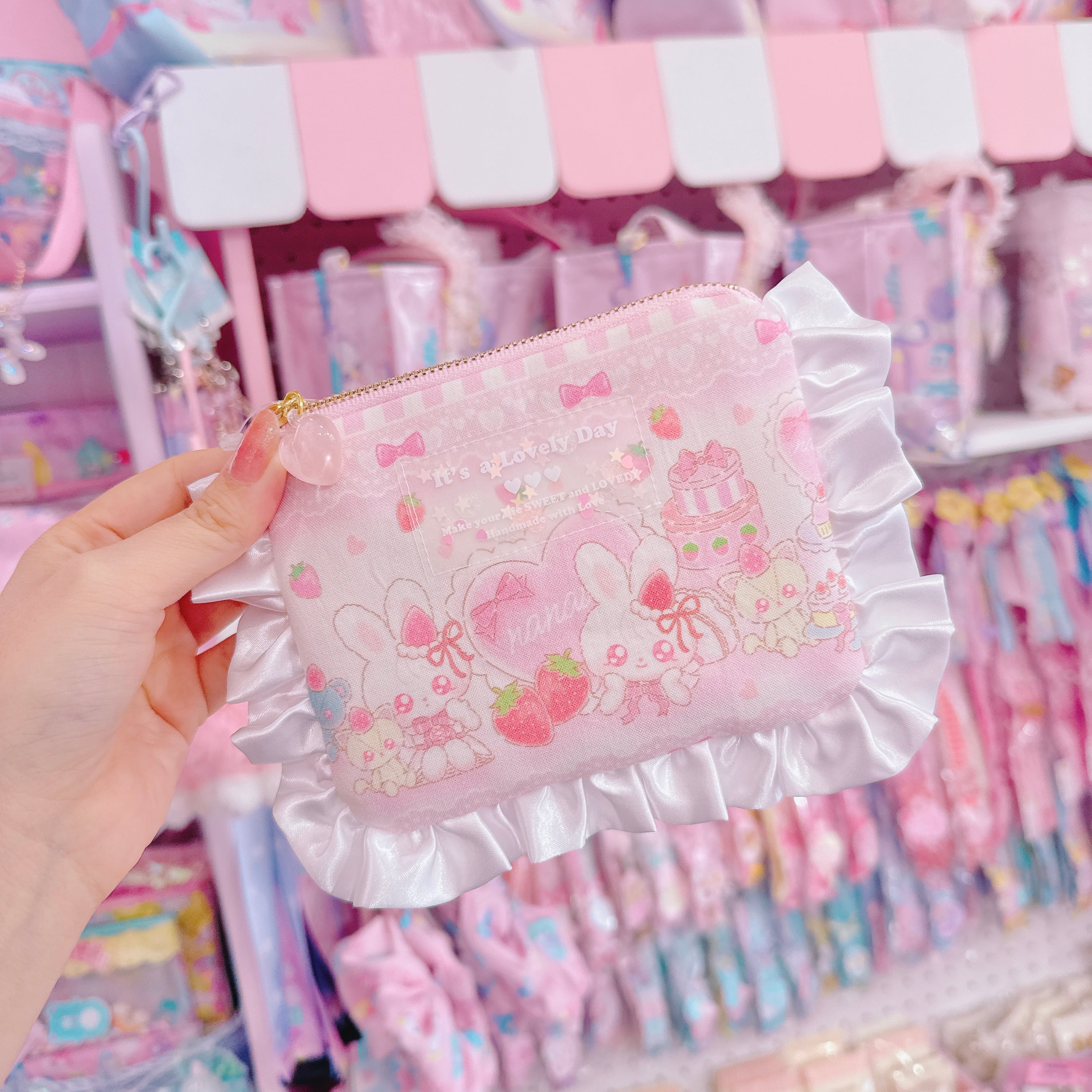 【E3】103-13サテンフリルコットンレースミニポーチ