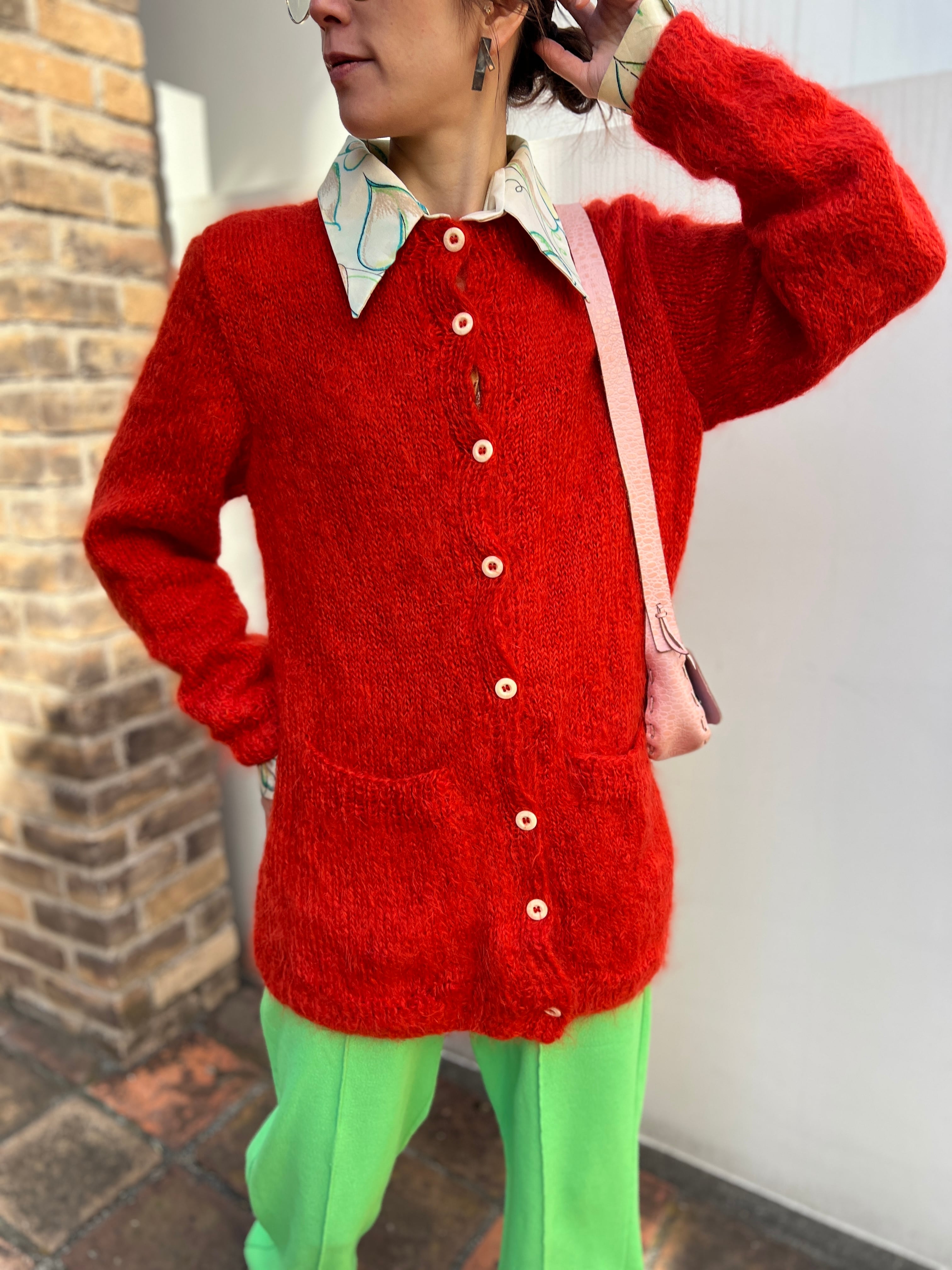 Vintage orange× red (朱赤)simple cardigan ( ヴィンテージ 朱赤 レッド シンプル カーディガン )
