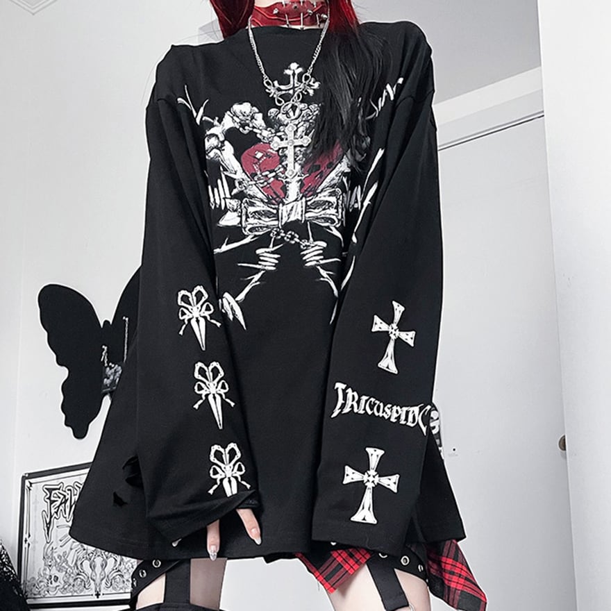 madpunks 長袖シャツ gothic archiveサブカル 地雷 地雷系 長袖Tシャツ スカル×オーバーサイズ 参戦服向け｜WithU