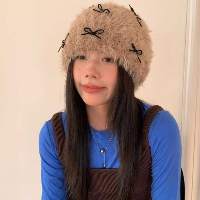予約販売】ファー 帽子 ニット帽 レディース ベージュ リボン ふわふわ 予約販売】ファー 帽子 ニット帽 レディース ベージュ リボン ふわふわ