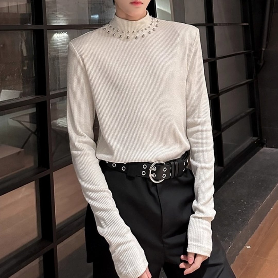 パール装飾 シャイニーリブボトルネックニット 2カラー D12150