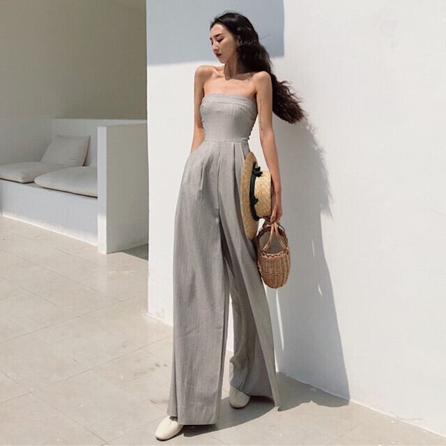 ジャンプスーツ オールインワン レディース ハイウエスト チューブトップ ワイドパンツ グレー 上品 春夏 S/M