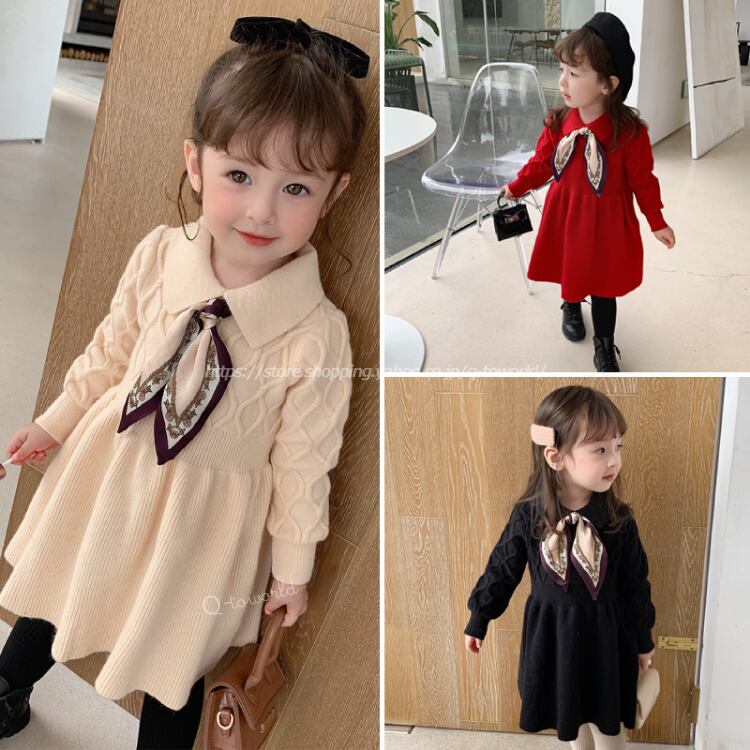 90 130 ワンピース フォーマル ニットセーター スカーフ 女の子 子供服 韓国風 Q Toworld キュートワールド 子供服 メール便は何点でも送料の合計は280円