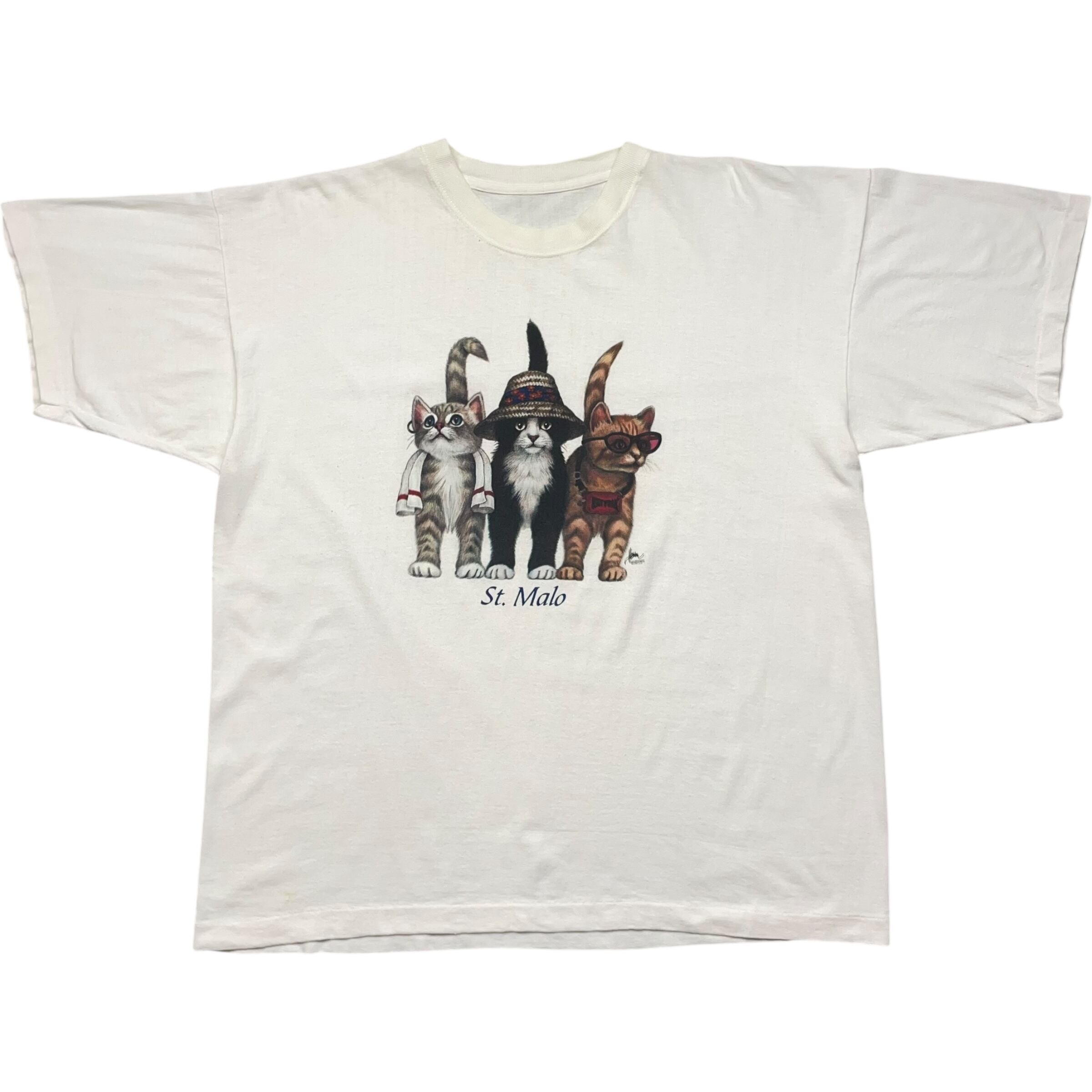 《L》unknown Tシャツ アニマルプリント ネコ シングルステッチ ホワイト 80年代 vintage no.7097