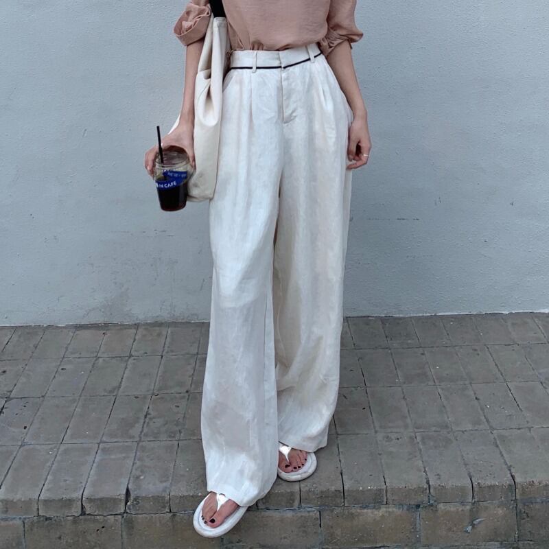 カジュアルパンツ スプリングオータムスタイル薄手ルーズハイウェストウェストワイドレッグ 春物 秋物 ワイドパンツ YY-ファッション92013873924