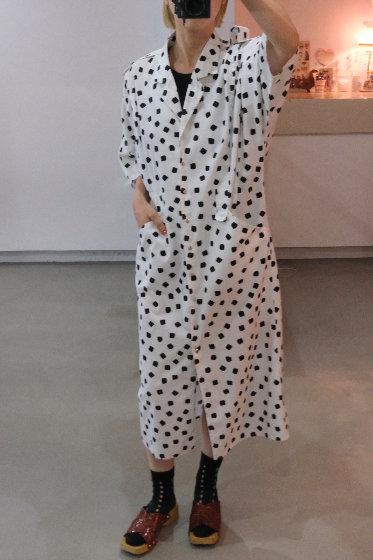 80's mood square dot shirt dress