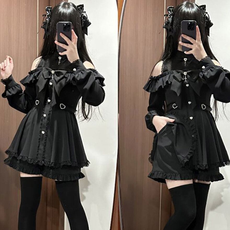 地雷系 オフショル ワンピース ステッチ レース フリル おしゃれ着 秋服ロリィタ