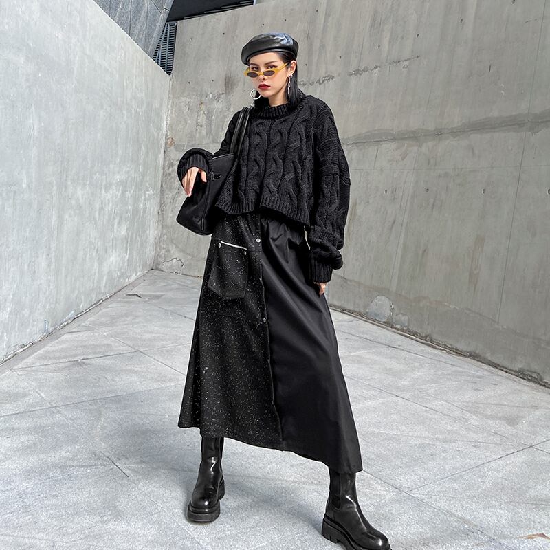 スカート ウィンターセーター Aラインハイウェスト薄手ブラック 冬物 ステッチ ラブタオタオダレンハウス88412912782