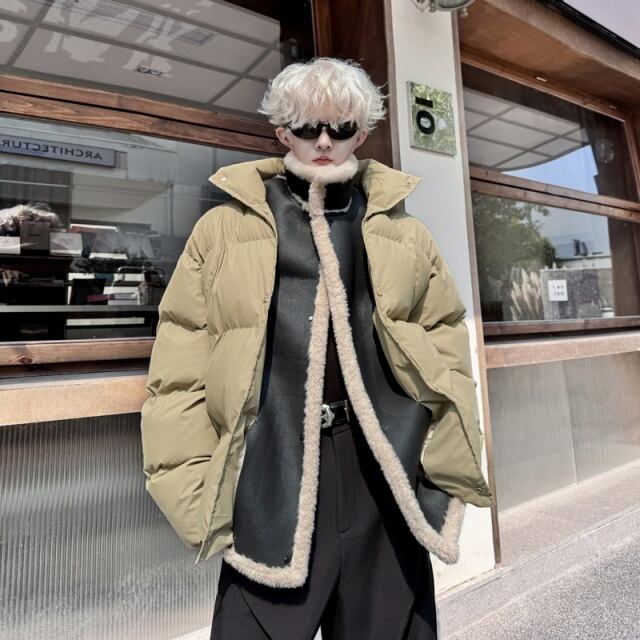 【予約販売】ダウンジャケット メンズ レザー レイヤード ブラック カーキ 重ね着風 アウター ショート丈 防寒 お洒落 こなれ感 ベーシック 秋冬 大きいサイズ M/L/XL