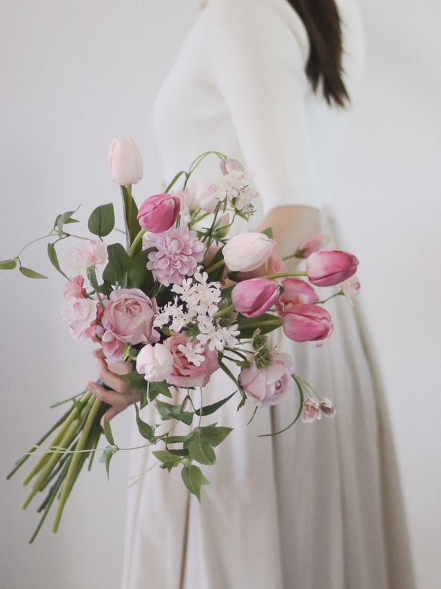 〈 完成品販売ブーケ 〉tulip pink artificial flower bouquet