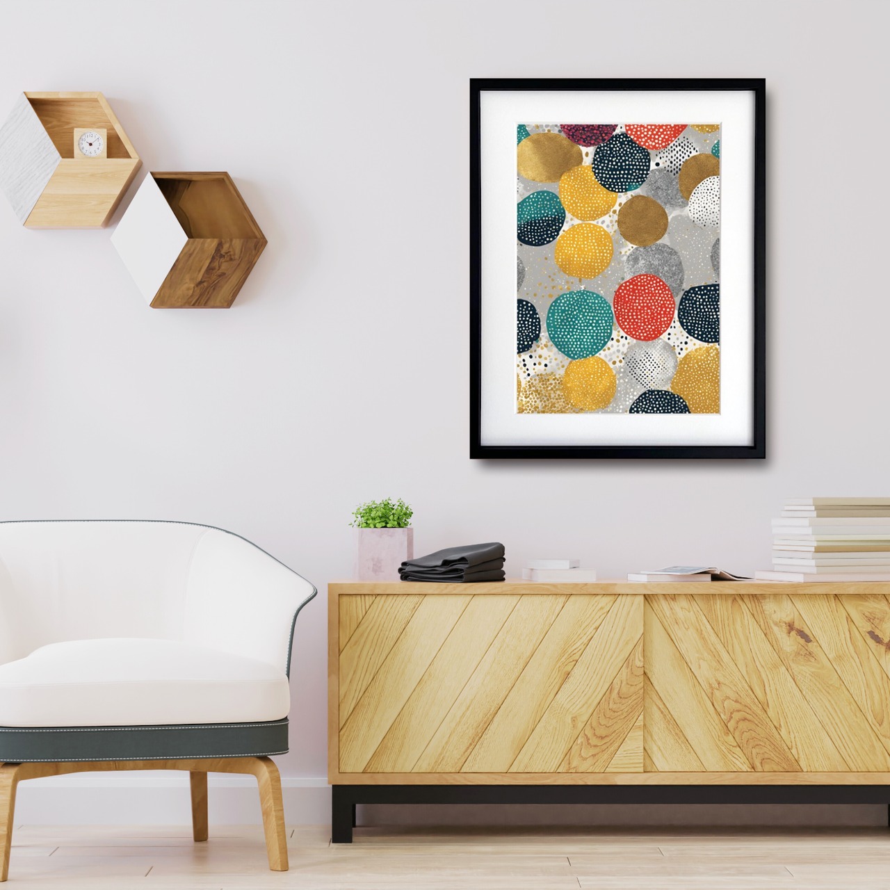 Metallic Dots Symphony｜煌めくメタリックと色彩が奏でるモダンアートポスター｜北欧やホテルライク空間を上質に彩るインテリアA4ポスター