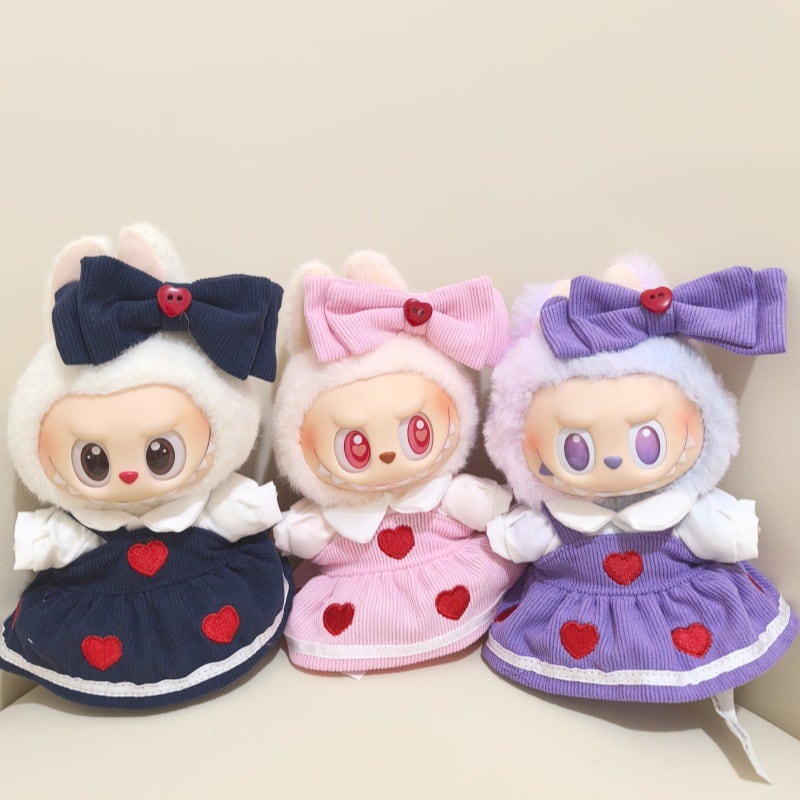 ちびくま工房　バニーラブ　15センチ バラのワンピ　リボン刺繍 Labubu 1-3代用 ハート刺繍ワンピース+トップス+ヘアアクセサリー
