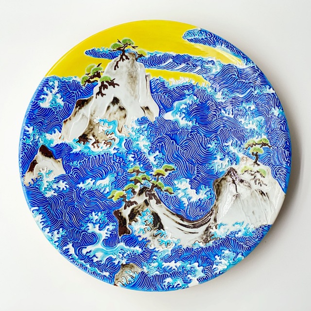 交趾松島図飾大皿/Big decoration plate,colored Matushimaｰdesign（wave at pineislands）