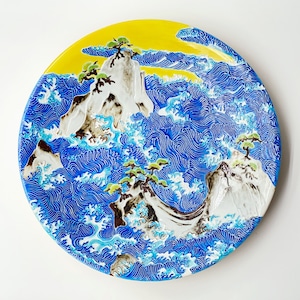 交趾松島図飾大皿/Big decoration plate,colored Matushimaｰdesign（wave at pineislands）