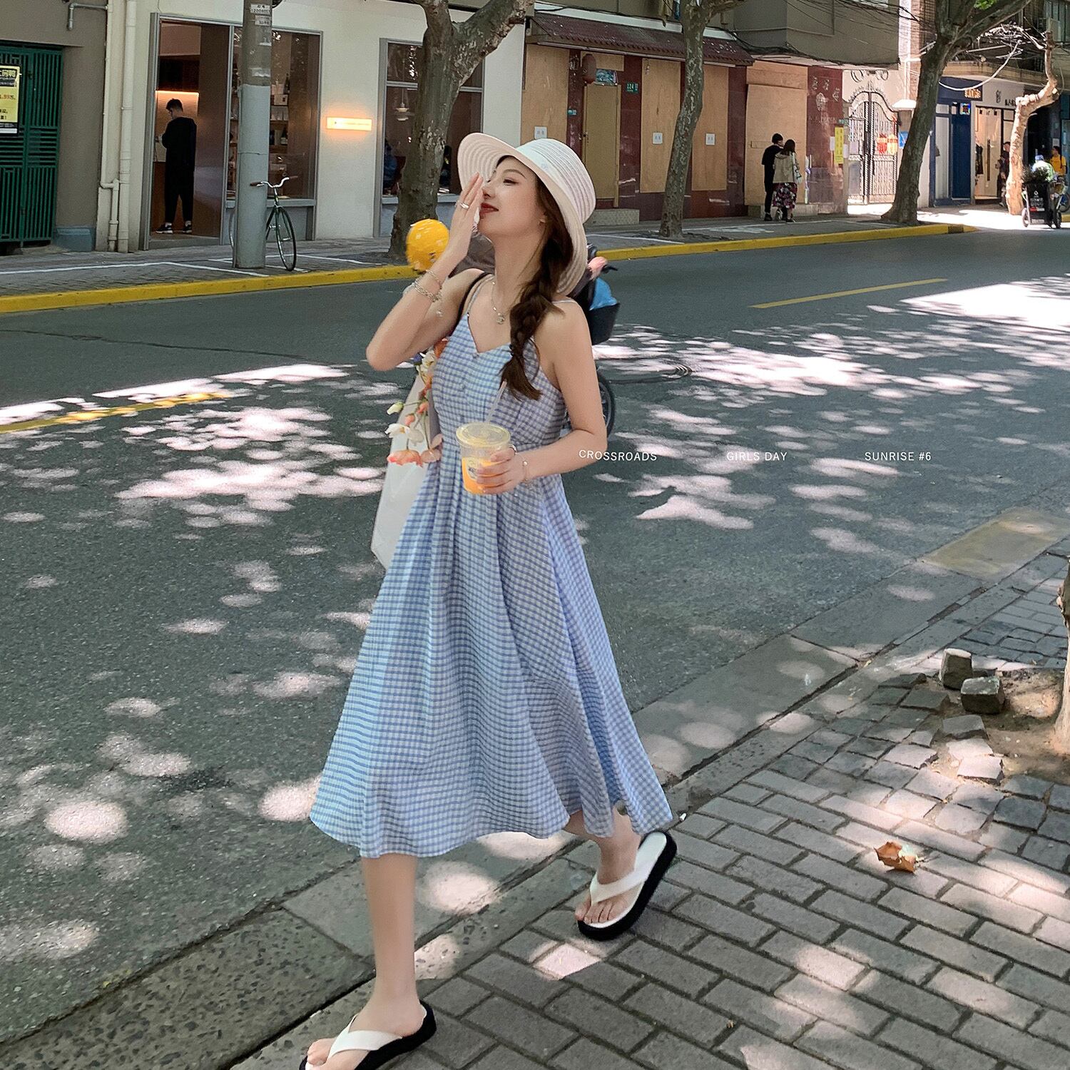 ブルー格子柄スカート サマーロングドレス レディース 夏物 HUCHUJING57518666303