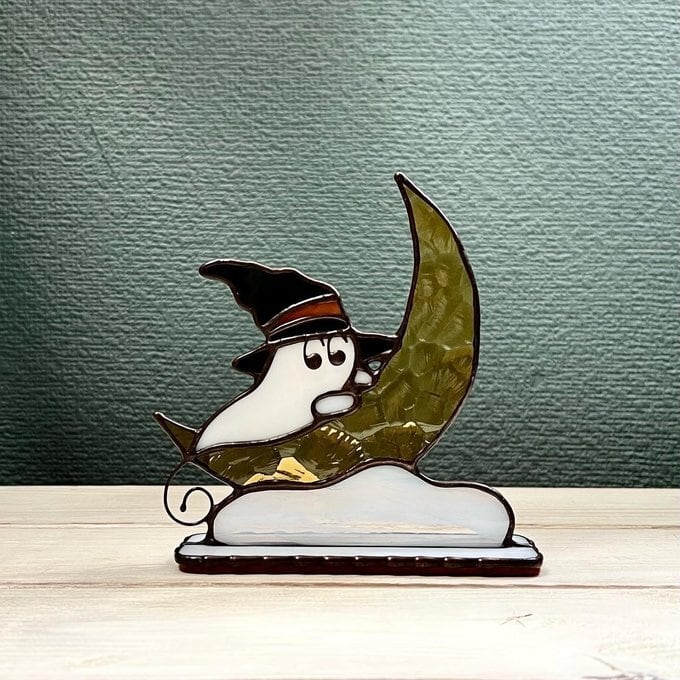 ハロウィンに　ステンドグラス　モビール(コウモリ、おばけ、黒猫) ステンドグラス ハロウィンおばけ ハロウィン おばけのオブジェ