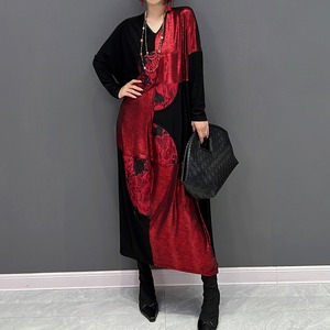 V-NECK CONTRAST STITCH A-LINE LONG DRESS 1color M-6033