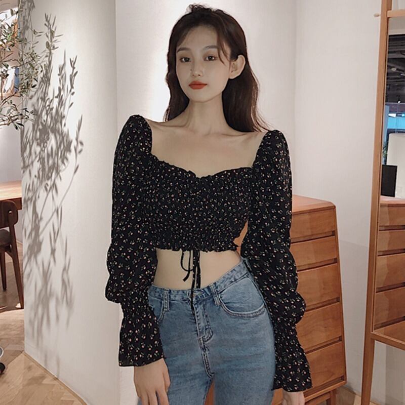 シックなファッションの2020年初春バージョンブラックフローラル菌パフスリーブ長袖ネクタイシャツシフォントップ女性 YY-ファッション33414030471