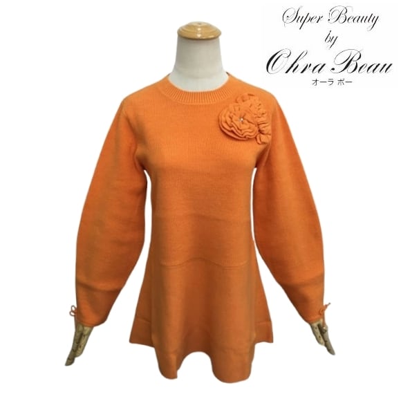 スーパービューティー ニット チュニック 胸元リボン 2421023 オレンジ 2024年秋冬 オーラボー 大人かわいい服 大人スタイル キレイメ Super Beauty レディース アパレル 女性 M L LL 30代 40代 50代 60代
