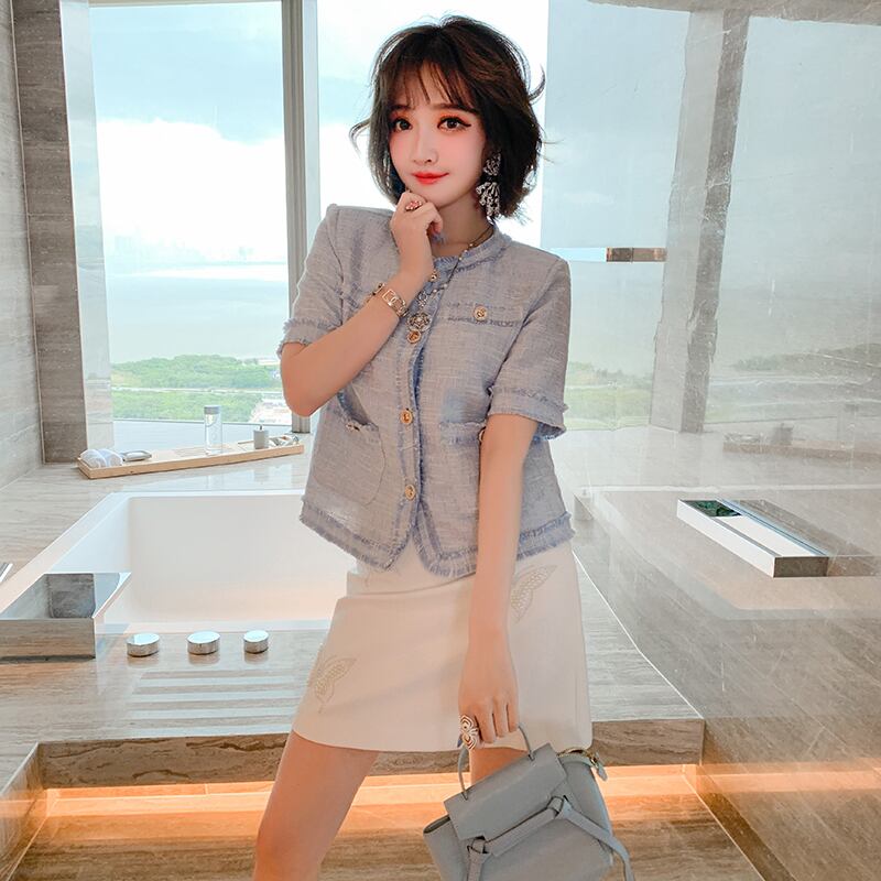 ラウンドネックツィードジャケット Butterflyデザイン ハイウェストウェストスカート オータム 秋物 Oネック MIUCO77875236760