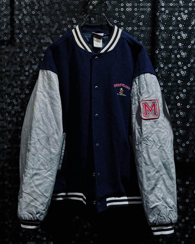 【ÆIEM】Disneyland Mickey Mouse “THE ORIGINAL” Embroidery Silver Leather Sleeve “M” Patch Varsity Jacket