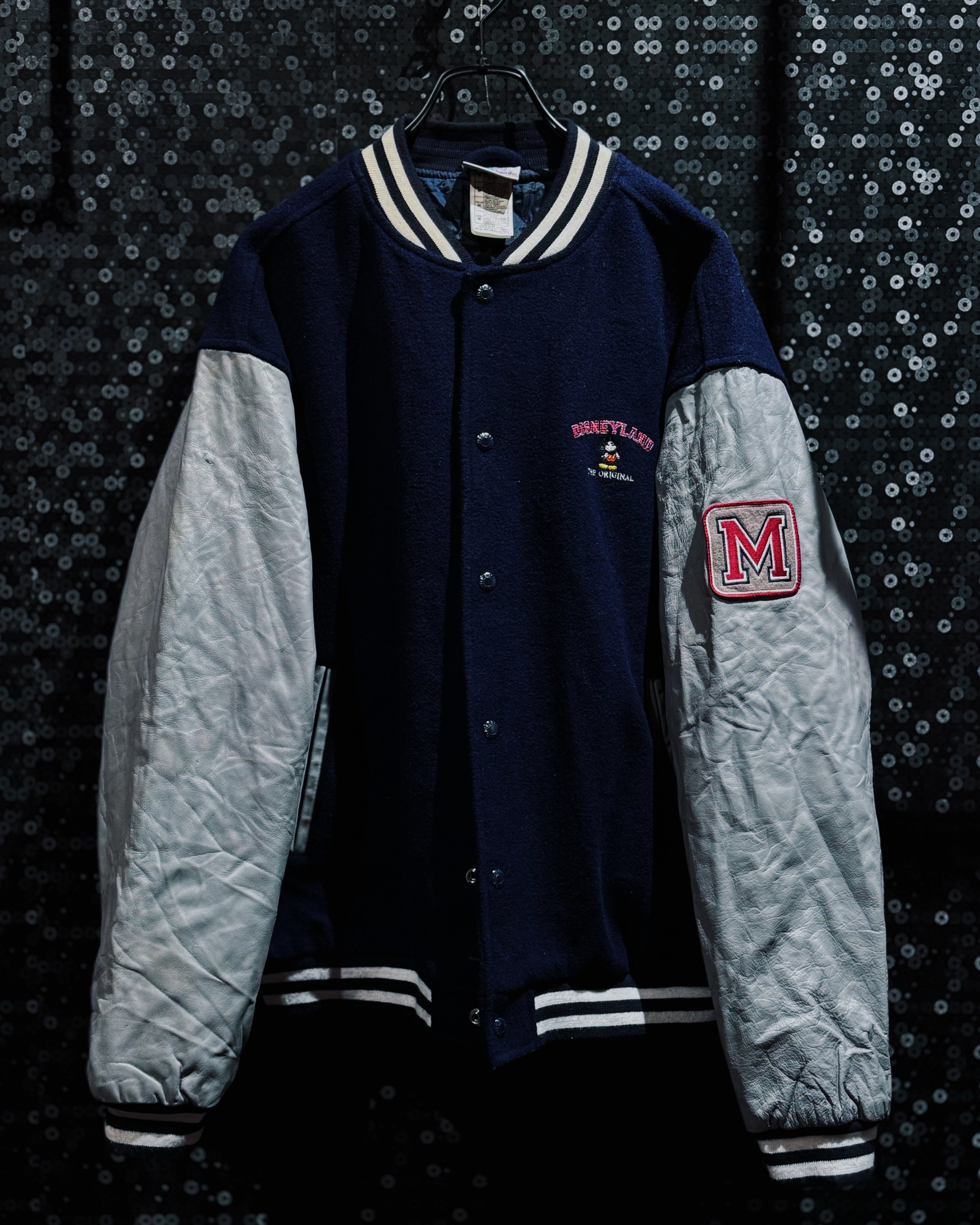 【ÆIEM】Disneyland Mickey Mouse “THE ORIGINAL” Embroidery Silver Leather Sleeve “M” Patch Varsity Jacket