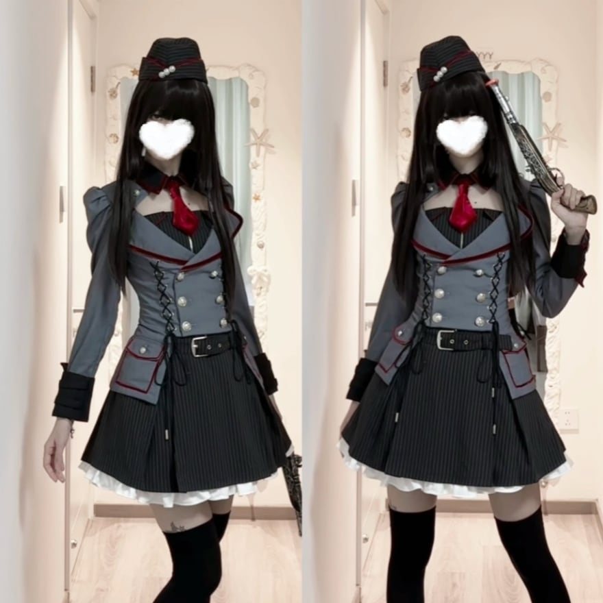ミリタリーロリィタ ダブルボタン軍服風ロリータフェイクツーピースワンピ 帽子付き