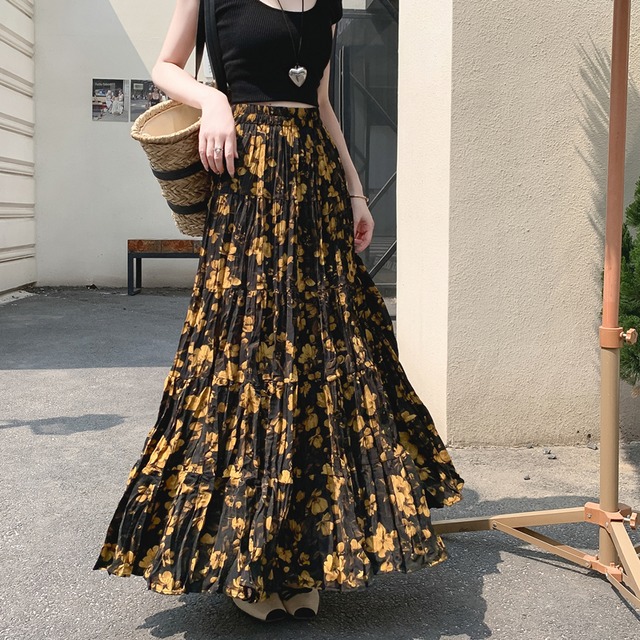 ボトムス スカート ウエストゴム 花柄 ロングスカート おしゃれ カジュアル M L