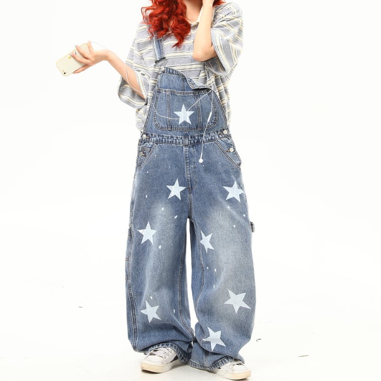 星柄 ワイドレッグ デニム オーバーオールL00250