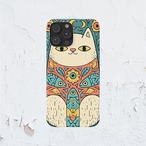 受注生産 iPhoneケース 白猫と花のサイケ民芸柄｜猫モチーフ PSYF014C