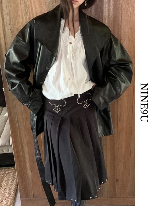 leather stand-collar oversize jacket【NINE9624】
