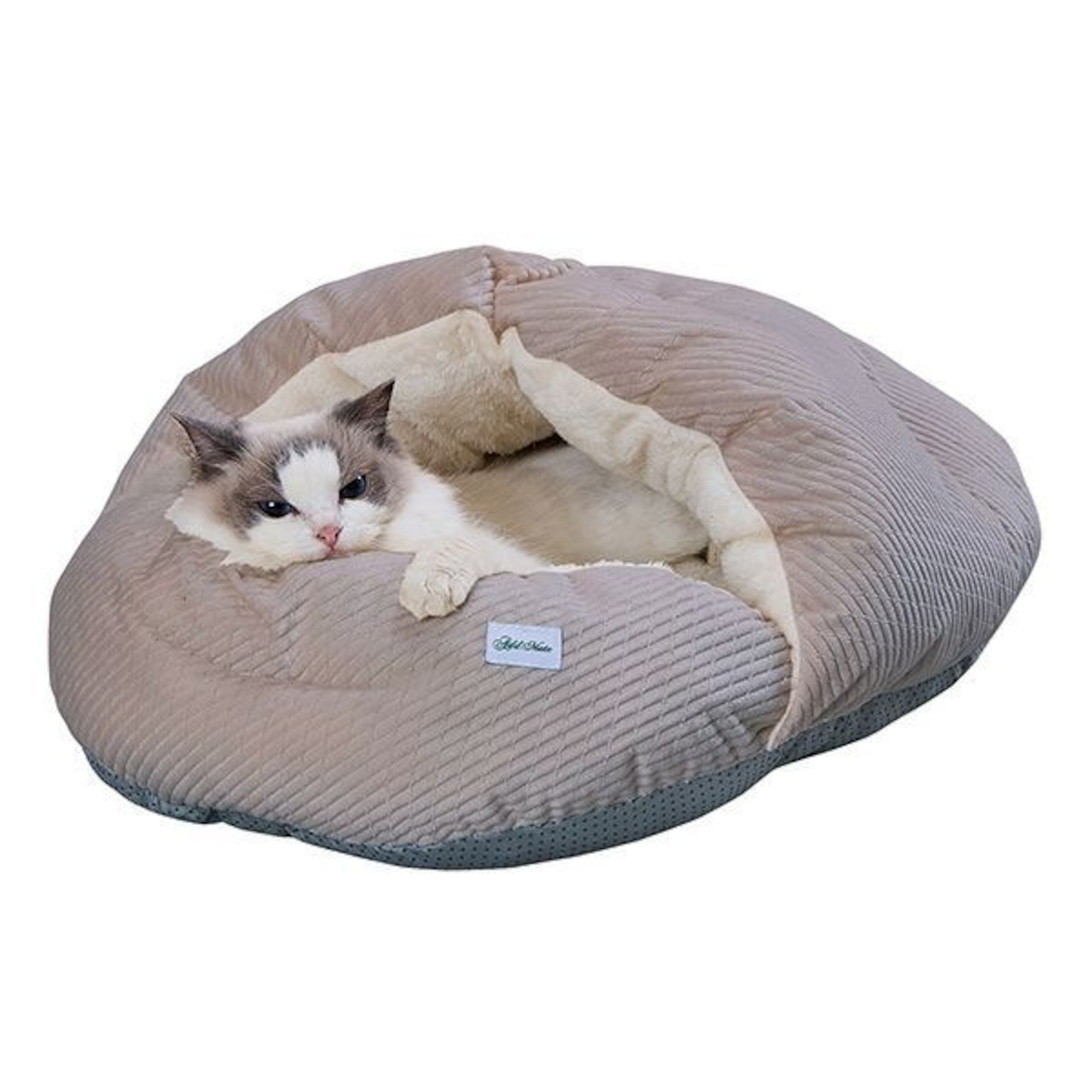 【あごのせシェルベッドAWA(アーモンドグレー)】もぐりこんで包まれる!手洗い可能,コード通し穴付き