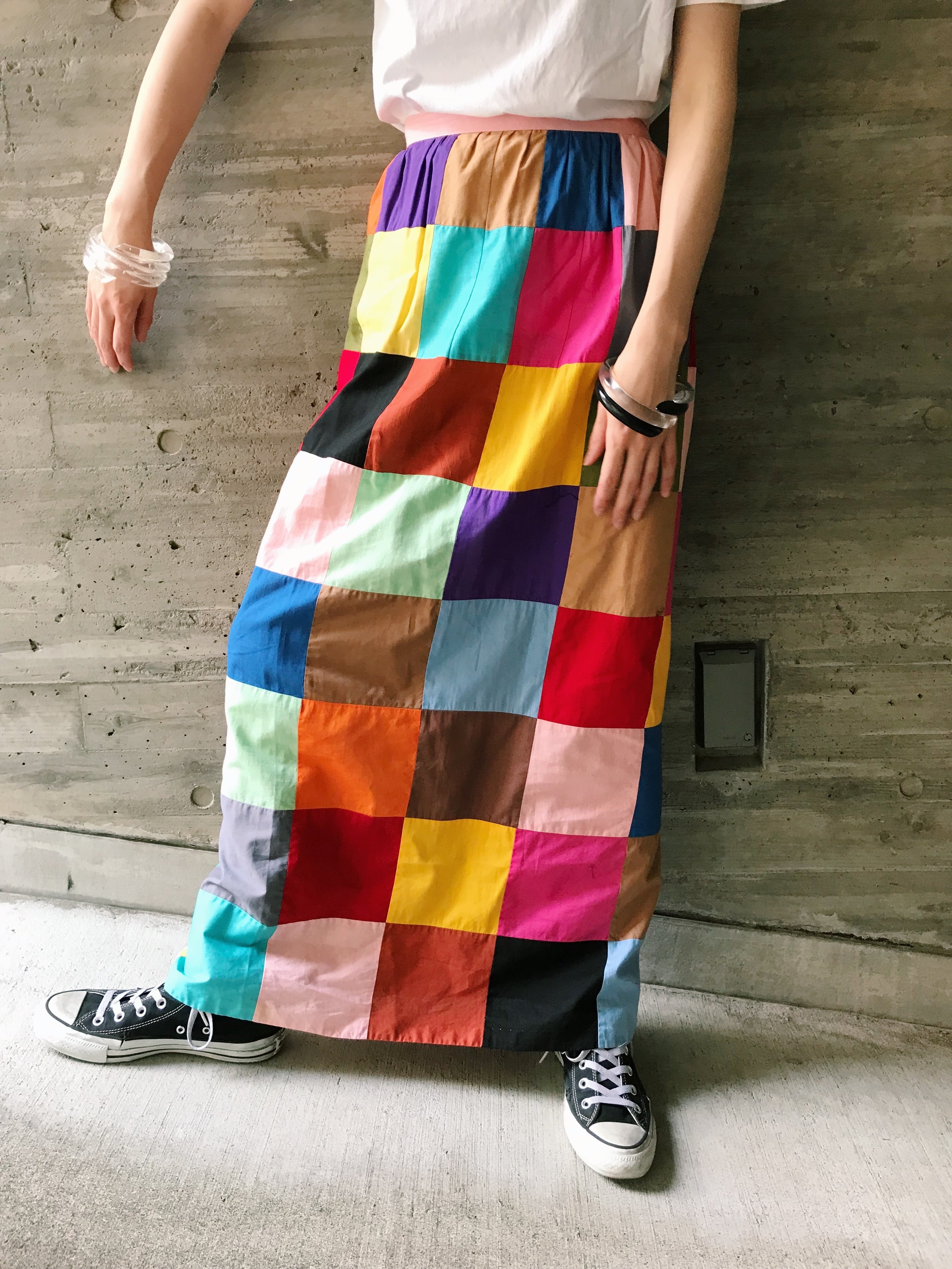 70s handmade multi color patchwork long cotton skirt ( ヴィンテージ ハンドメイド マルチカラー  パッチワーク コットン ロングスカート ) | Riyad vintage shop powered by BASE