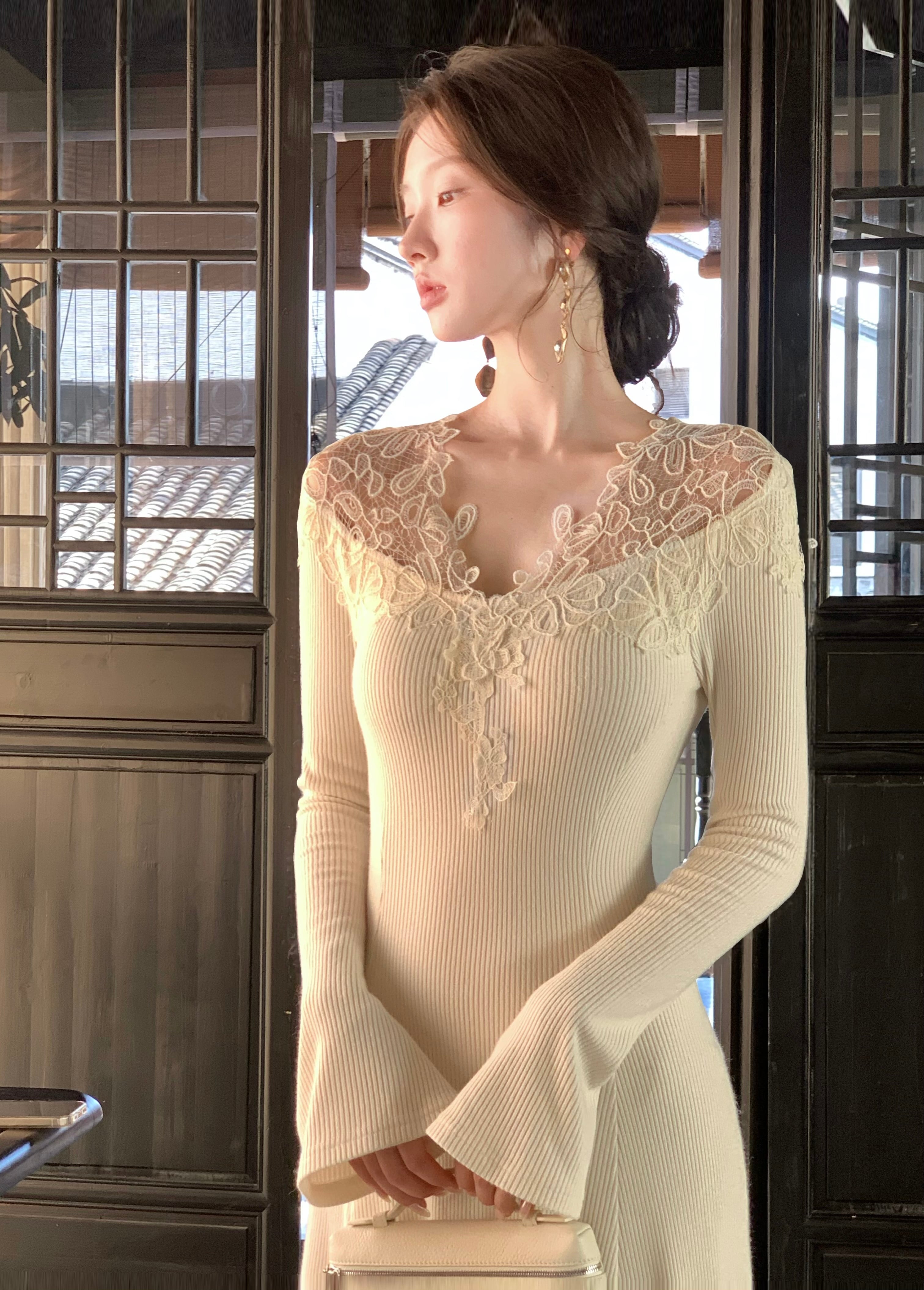 dress】レーストリミングニットワンピース N3392 | nanastyle