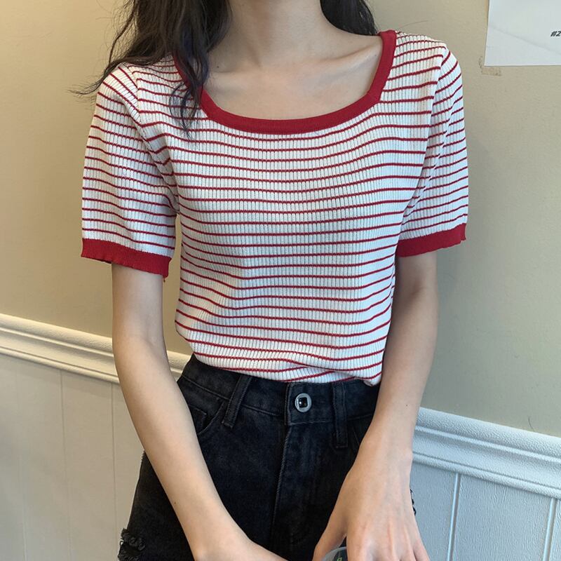 カラーストライプセーター レディースサマールーズトップス 夏物 スクウェア ステッチ スーパーモール88835820577
