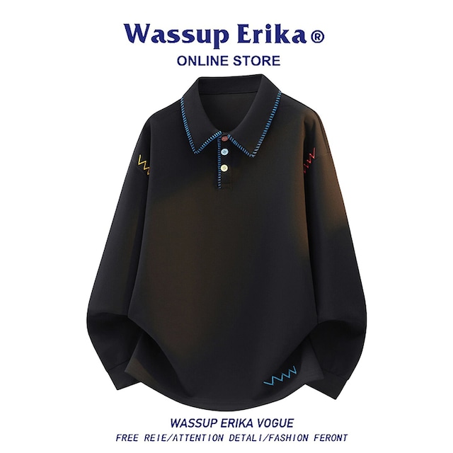 【WSシリーズ】★POLOシャツ★ ユニセックス 3color トップス 長袖 黒 青 白 カジュアル 彩ボタン