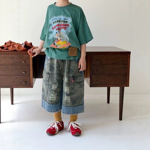 【KID】ミリタリー迷彩切り替えダメージデニムパンツ