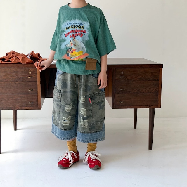 【KID】ミリタリー迷彩切り替えダメージデニムパンツ - 1
