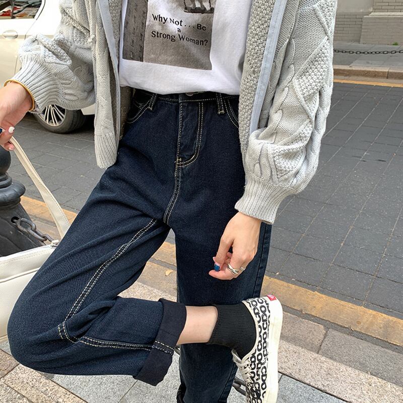 ダークブルージーンズ ルーズスプリングオータムハイウェストウェストスリムパンツ 春物 秋物 試着室93428525456